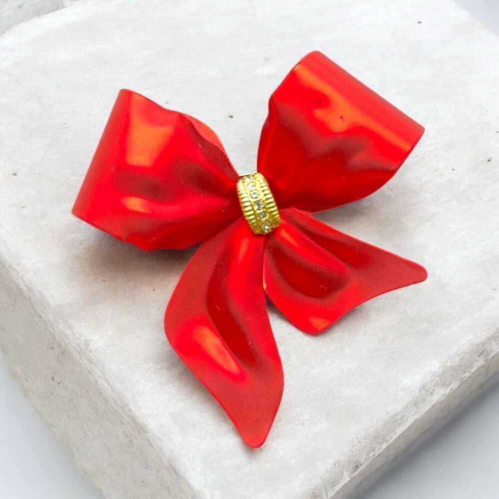 Vintage 1980s–1990s Red Bow Brooch Gold Tone Rhinestone Center Retro Statement